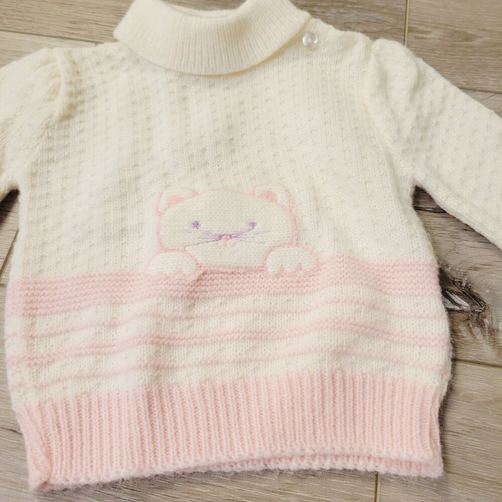 Vtg Doe Spun Infant size 6/9 Months Kitty Cat Kitten Pink White Sweater
